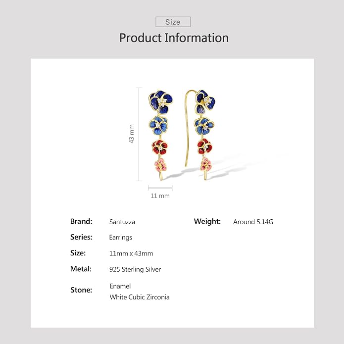 Santuzza 925 Sterling Silver Enamel Flower Ear Cuffs Climber Earrings for Women