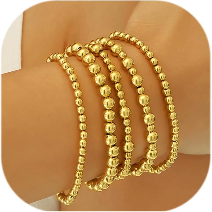 wgoud Gold Bracelets for Women - Trendy 14K Real Gold Plated Beaded Bracelet Set with Stretch Beads, Waterproof, Adjustable, Perfect Gifts