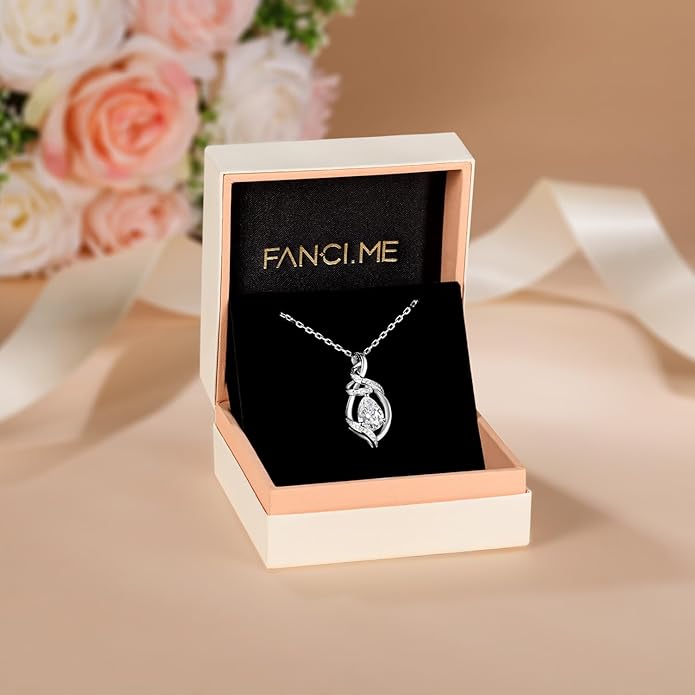 FANCIME Teardrop Gemstone Necklace for Women S925 Sterling Silver Elegant Ribbon Pendent Birthday Gifts for Her, 16"+2" Inches