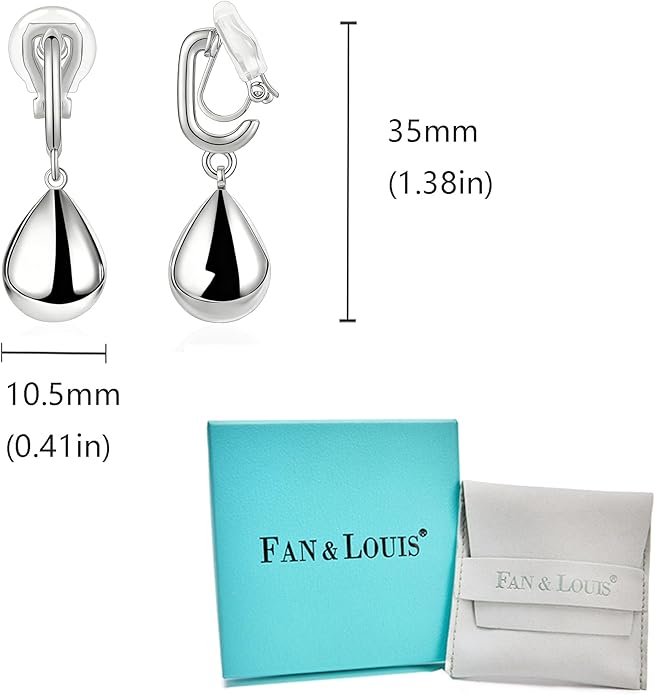 FAN&LOUIS Sliver Teardrop Clip On Earrings for Women,Non-Pierced Trendy Statement Dangle Water Drop Women's Hypoallergenic Clip-On Earrings
