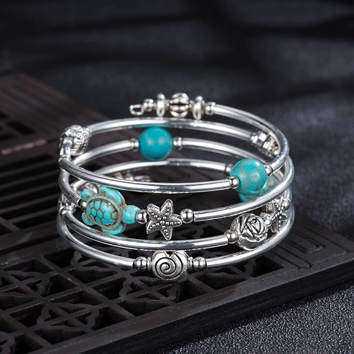 BULINLIN Layered Wrap Bangle Turquoise Bracelet - Bead Bracelet with Natural Agate Stone, Gifts For Women