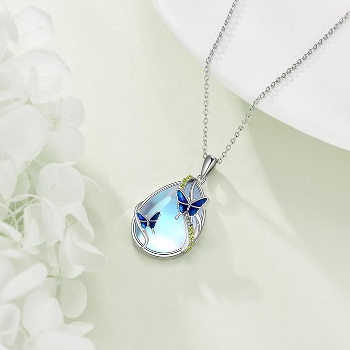 KQF Dragonfly/Butterlfy/Cat/Jellyfish/Bunny/Axolotl/Bee/Mermaid/Hummingbird/Elephant Necklace for Women Sterling Silver Moonstone Pendant Necklace Dragonfly Jewelry Gifts for Women