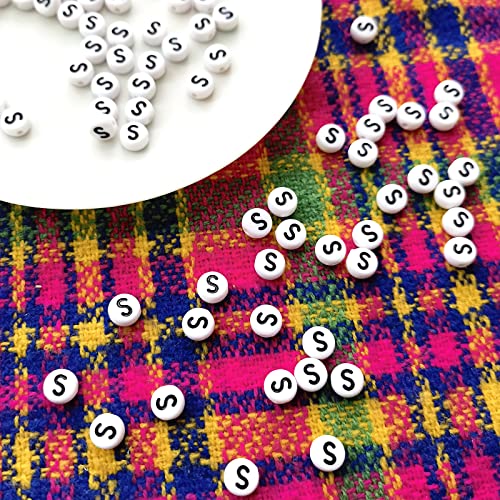 Amaney Letter Beads S 100pcs 7x4mm White Round Acrylic Black Alphabet for Bracelet Jewelry Making - color: S