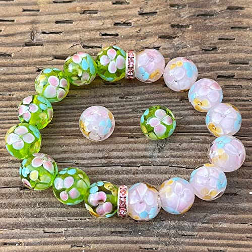Artsy Crafts 20 Pcs 12mm Lampwork Flower Glass Beads, European Murano Glass Beads, Handmade Loose Crystal Beads for Jewelry Making Charm Bracelet Necklace Earrings Rosary (Green + Pink) - color: Green + Pink