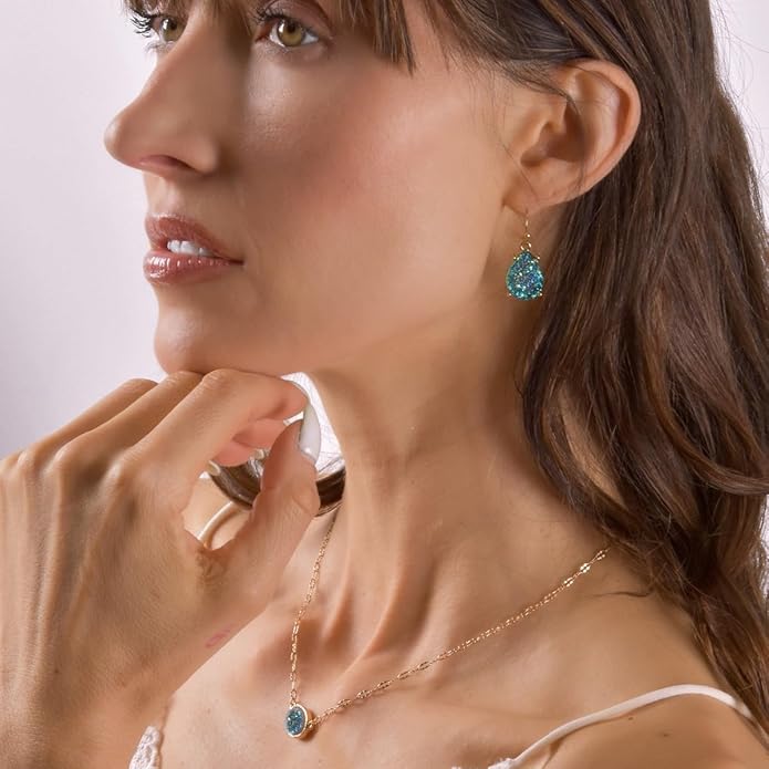 Teardrop Dangle Earrings for Women with Simulated Druzy Stones in Gold or Silver Tone