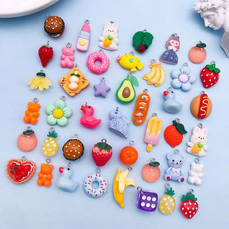 Ximimark 40 pcs Mixed 10/20pcs Random Styles Colorful Resin Cute Imitation Animal Fruit Food Series Charms DIY Handmade Pendants For Necklace Bracelets Earrings Jewelry Making Findings
