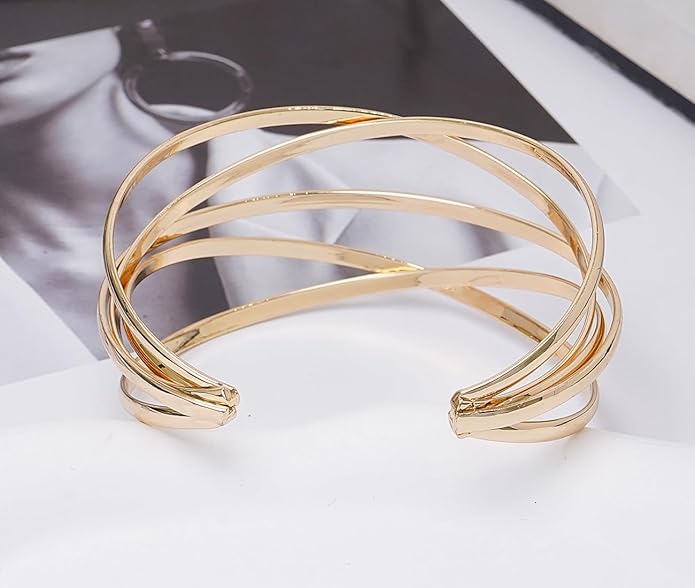 Multi-layer Cuff Bracelet for Women Cross Wire Bracelets Open Wide Cuff Gold Bangle Bracelet