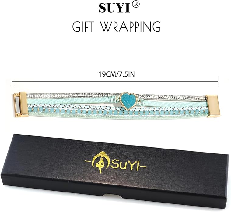Suyi Multilayer Leather Wrap Bracelet Heart-Shape Wide Cuff Bracelets for Women
