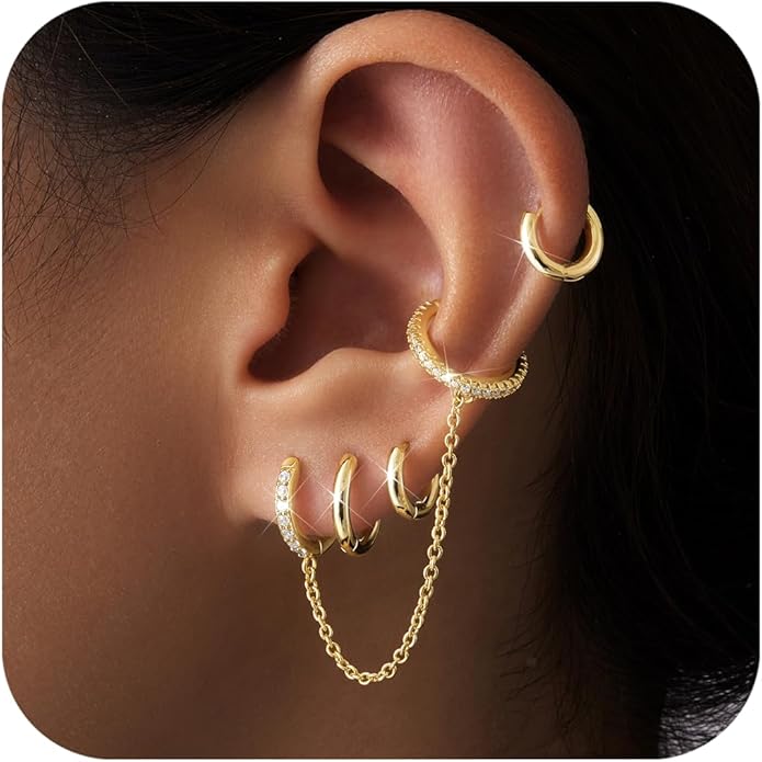 Small Gold Huggie Hoop Earrings Set for Women Men Hypoallergenic 14K Plated Stack Cartilage Earrings, Multiple Piercing Lightweight Mini Thin Cute Dainty Trendy Jewelry Set Christmas Gifts for Women