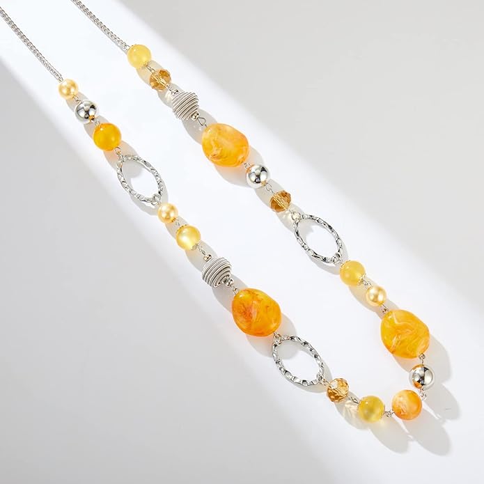 BULINLIN Beaded Long Necklace for Women Silver Sweater Chain Necklace with Crystal Resin Beads, Fashion Jewelry Necklace