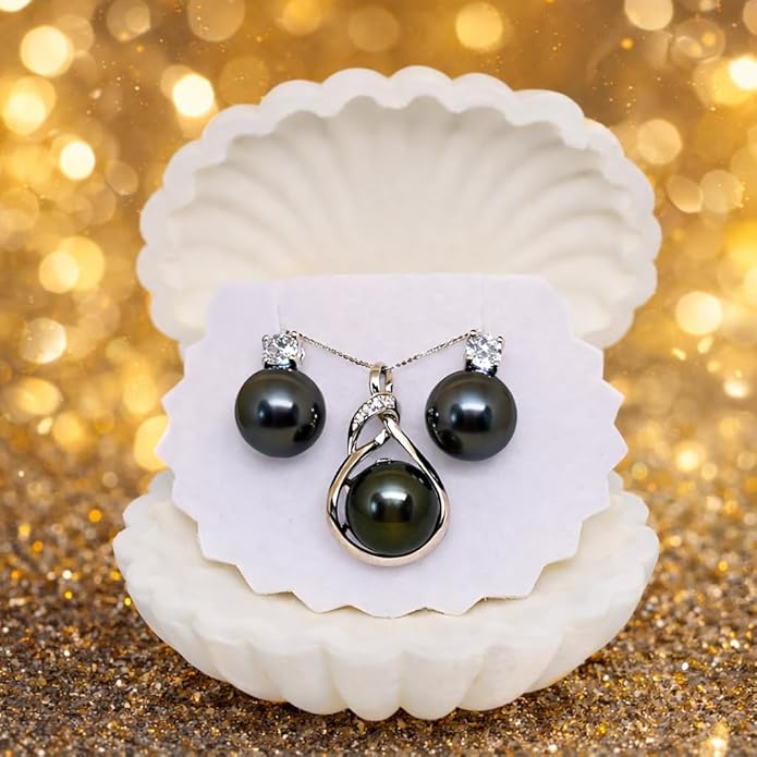 Tahitian Black Pearl Necklace & Earrings Set for Women - Genuine 9-10mm Cultured Tahitian Pearls with Sterling Silver, Premium Gift Box for Anniversary, Birthday, Valentine’s, Mother’s Day