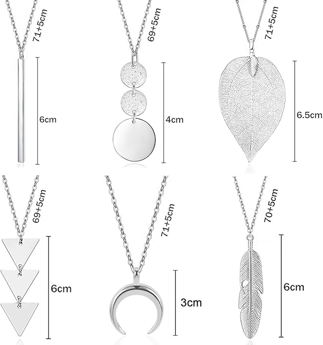 Long Necklaces for Women - Fashion Pendant Necklace Jewelry, Silver Bar Feather Circle Leaf Lock Tassel Y Necklace Jewelry Set for Girls