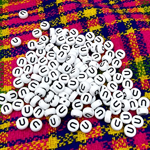 Amaney 100pcs U Letter Beads 7x4mm White Round Acrylic Black Alphabet for Bracelet Jewelry Making - color: U
