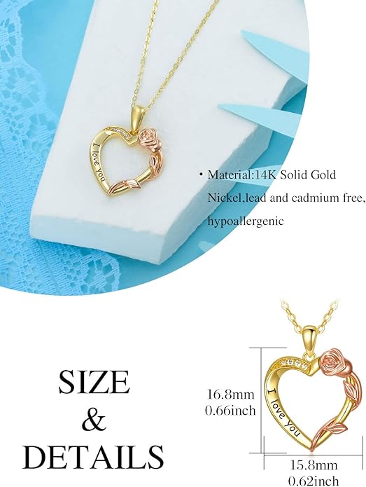 14K Solid Gold Rose Flower/Sunflower Necklaces for Women Flower Heart Pendant Necklace Love Sunshine Jewelry Anniversary Valentine's Day Birthday GiftS for Women Wife Girlfriend Her Mom