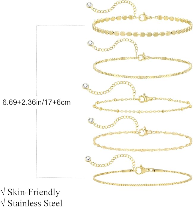 Emibele Gold Bracelets for Women, Dainty Adjustable 14K Gold Plated Bracelet Stack, Elegant Beaded Link Chain Bracelet Sets, Jewelry Gifts for Women