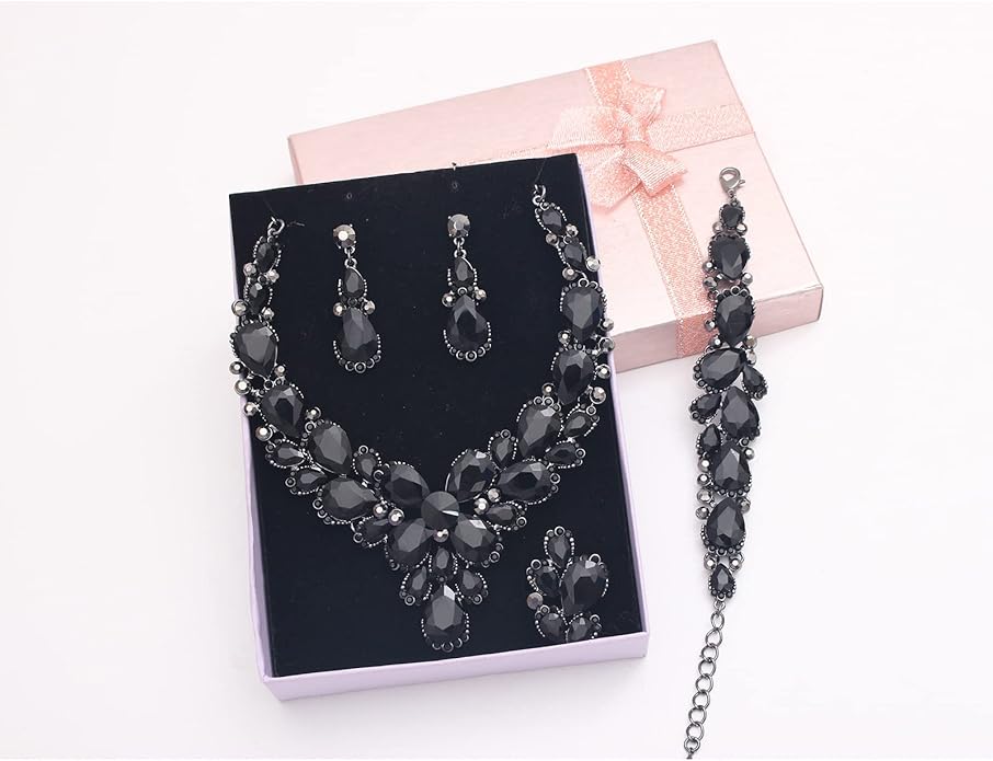 Women's Wedding Bridal Austrian Crystal Glass Teardrop Statement Necklace Dangle Earrings Bracelet Ring Wedding Party Jewelry Set for Bridal Bridesmaid