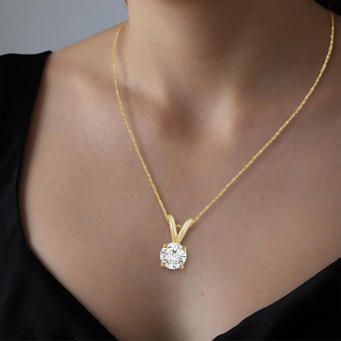 Houston Diamond District 0.5-10 Carat Lab Grown Diamond Solitaire Pendant Necklace, Round Cut Solitaire, 4-Prong Setting, Jewelry for Women (E-F, VS)
