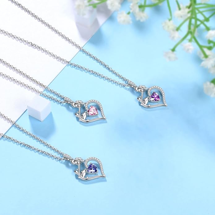 Jewmon Valentine Day Gifts for Her Rose Heart Birthstone Necklace for Women 925 Sterling Silver Birth Stone Flower Rose Necklace Anniversary Love GIfts for Girlfriend Wife Mom Birthday Gifts for Her