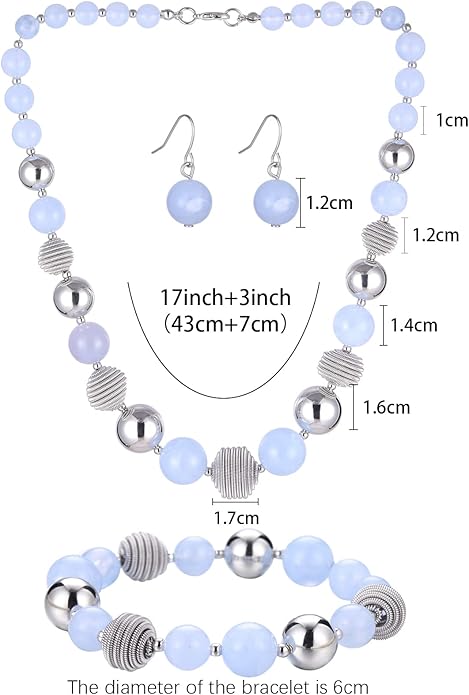 PEARL&CLUB Beaded Chunky Statement Necklace Earring and Bracelet Set Silver Metal Bead Fashion Jewelry Set Mothers’ Day Gifts for Women
