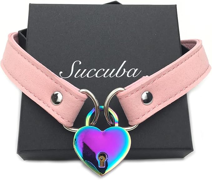 Succuba Padlock Choker Collar Necklace with Lock and Key Heart Lock Choker for Women and Men (A, 14)