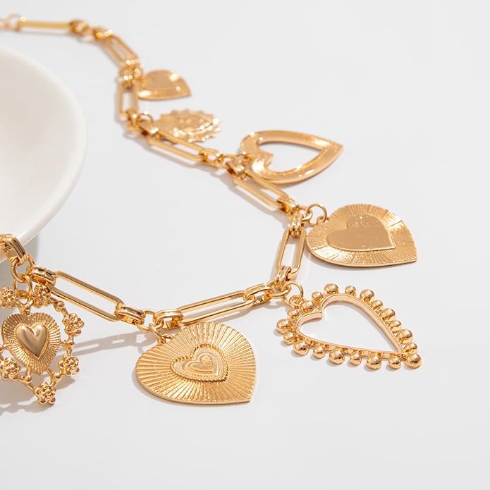 Chunky Gold Necklace Big Heart Necklace for Women Silver Large Statement Necklaces Thick Bold Chain Puffy Love Heart Charm Necklaces for Women with OT Toggle Silver Chunky Gold Jewelry Trendy Valentine's Day Gift
