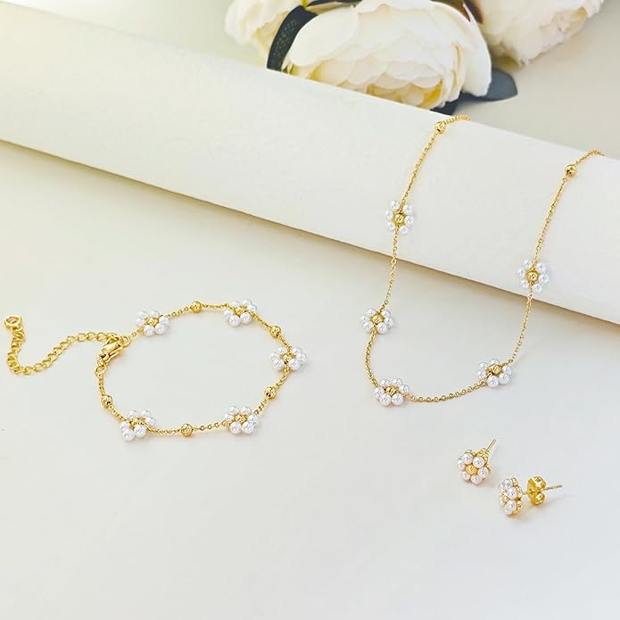 Zeffy Gold Pearl Necklace for Women, Dainty 14K Gold/Silve Plated Layered Pearl Choker Pearl Earrings Pearl Bracelets Wedding Trendy Gold Jewelry Set for Women Gifts