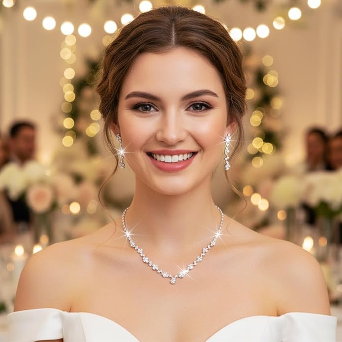 Unicra Bride Crystal Necklace Earrings Set Bridal Wedding Jewelry Sets Rhinestone Choker Necklace Costume Jewelry Set for Women and Brides (3 piece set - 2 earrings and 1 necklace)