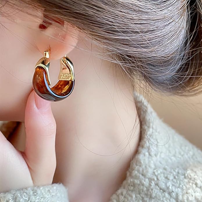 Brown 14k Gold Plated Amber Resin Hoop Earrings for Women Trendy, Retro Chunky Lightweight Hoop Drop Statement Jewelry Earrings for Party Wedding