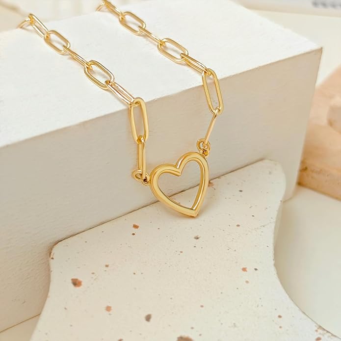 OGD Heart Necklace for Women, 14K Gold Plated Layered Tiny Puffy Heart Pendant Necklace Cute Chunky Heart Choker Necklace Simple Gold Necklace Jewelry for Women Trendy Gift