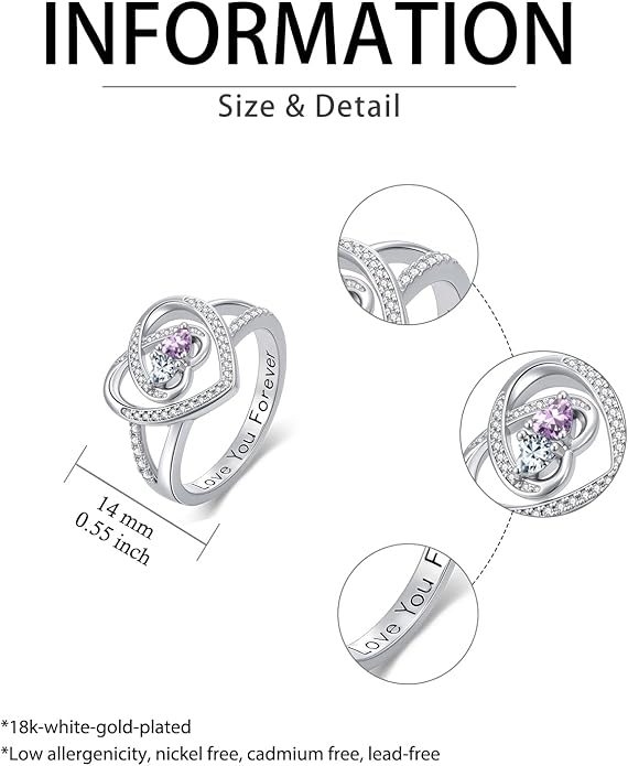 Valentine's Day Gifts for Women Birthstone Rings for Women Heart Statemet Engagement Eternity Wedding Promise Rings Jewelry Anniversary Christmas Valentine Mothers Day Birthday Gifts for Wife Her Girlfriend