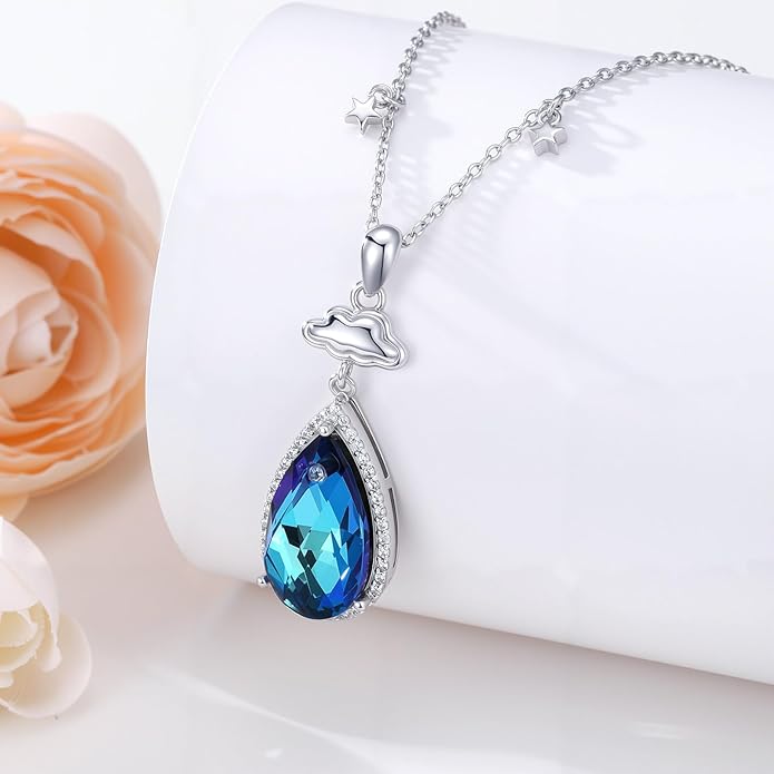 925 Sterling Silver Blue Crystal Pendant Necklace for Women, Teardrop/Round Crystal Jewelry for Christmas Birthday Valentine's Mother's Day Gifts