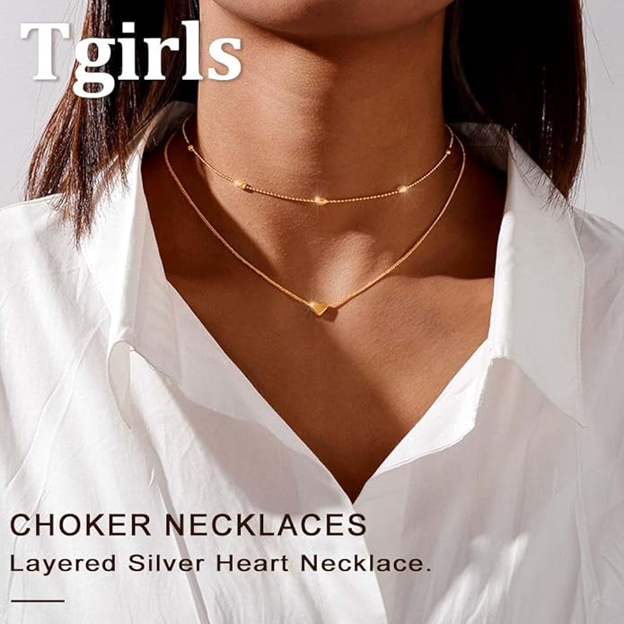 Tgirls Layered Heart Choker Necklace Tiny Puffy Heart Pendant Necklaces Ball Collar Jewelry for Women