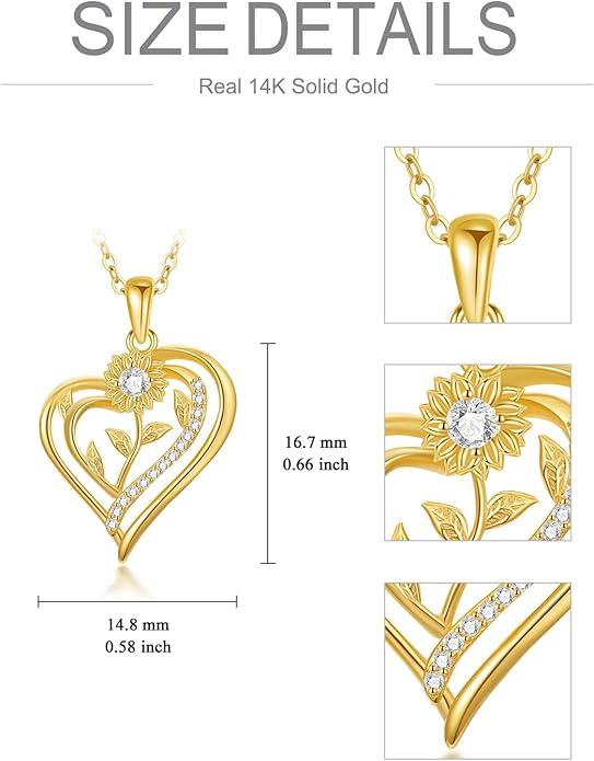 14K Solid Gold Rose Flower/Sunflower Necklaces for Women Flower Heart Pendant Necklace Love Sunshine Jewelry Anniversary Valentine's Day Birthday GiftS for Women Wife Girlfriend Her Mom