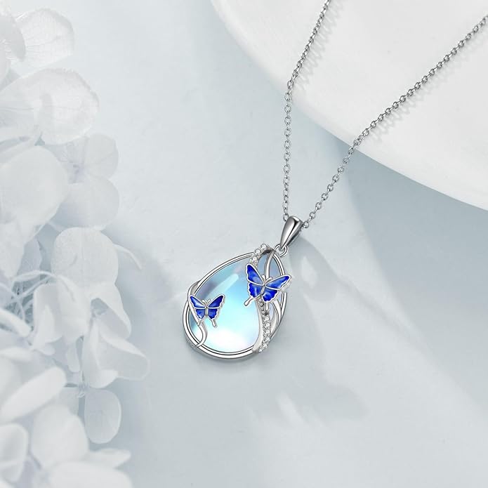 KQF Dragonfly/Butterlfy/Cat/Jellyfish/Bunny/Axolotl/Bee/Mermaid/Hummingbird/Elephant Necklace for Women Sterling Silver Moonstone Pendant Necklace Dragonfly Jewelry Gifts for Women