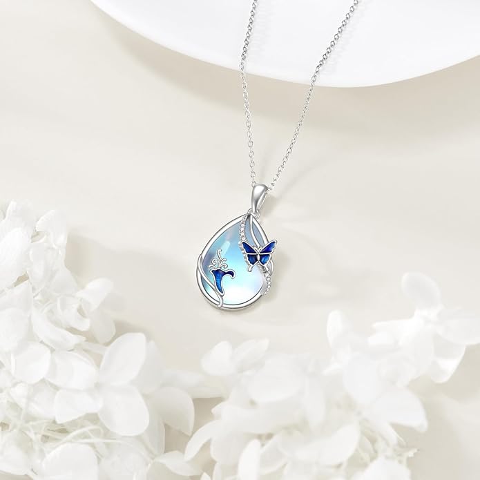KQF Dragonfly/Butterlfy/Cat/Jellyfish/Bunny/Axolotl/Bee/Mermaid/Hummingbird/Elephant Necklace for Women Sterling Silver Moonstone Pendant Necklace Dragonfly Jewelry Gifts for Women