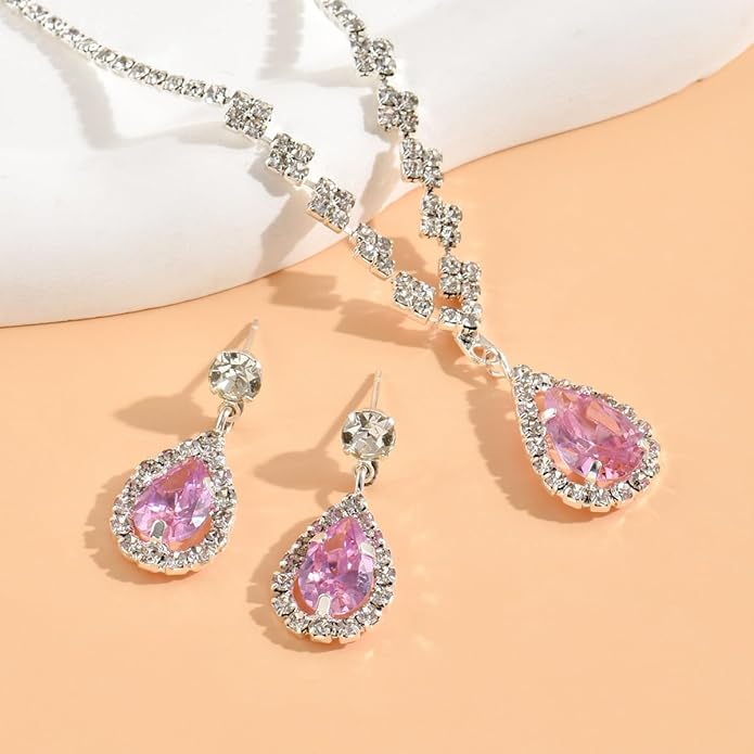 Sparkling Teardrop Halo Bridal Necklace Earrings Set For Women Statement Classic Silver Colors Adjustable Choker Style Chain