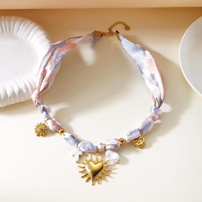 RINHOO FRIENDSHIP Silk Scarf Necklace for Women - Adjustable Boho Vintage Bandana Choker with 18K Non-Tarnish Gold Charms (Assorted Pendants & Patterns) Layered Jewelry Gift Box