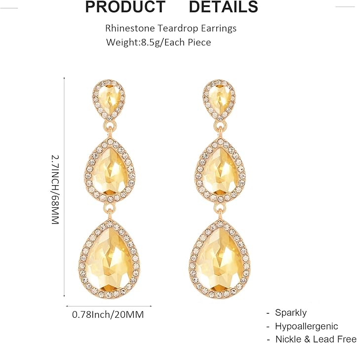 Vintage Rhinestone Teardrop Dangle Earrings Long Dangling Drop Earrings Crystal Chandelier Earrings for Women Wedding Bridal Prom