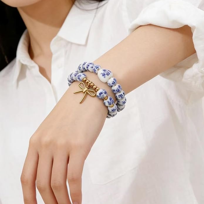 Butterfly Charm Bracelet Set - Blue and White Porcelain Beaded, Adjustable Vintage Stretch Bracelets for Women, Handmade Dainty Jewelry Gift