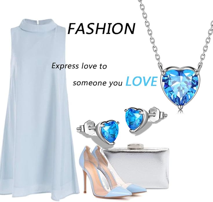 Aurora Tears Hearts Necklace Earrings Jewelry Sets - Women 925 Sterling Silver Birthstone Pendants Earrings Set Crystal Wedding Birthday Jewelry