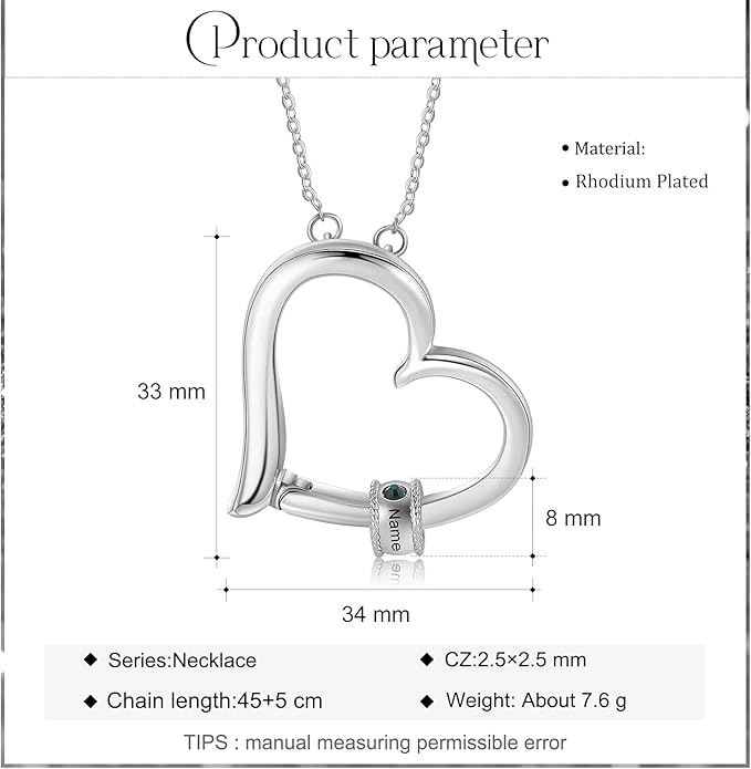Personalized Women's Pendant Necklace 925 Sterling Silver with 1-5 Simulated Birthstone Names Customized Heart Shape Cubic Zirconia Necklace