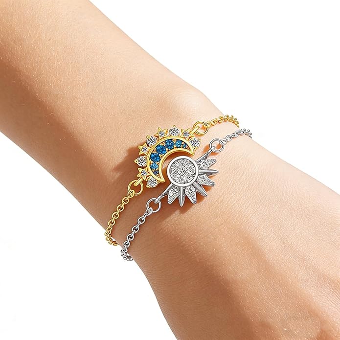 PINK TOWN Sun Moon Bracelet Set Stackable Bracelet for Women Men Sparkling Gold Sun Ring/Blue Moon Bracelet Couple Bracelet Matching Bracelet as Friendship Best Friend Jewelry for Women Men