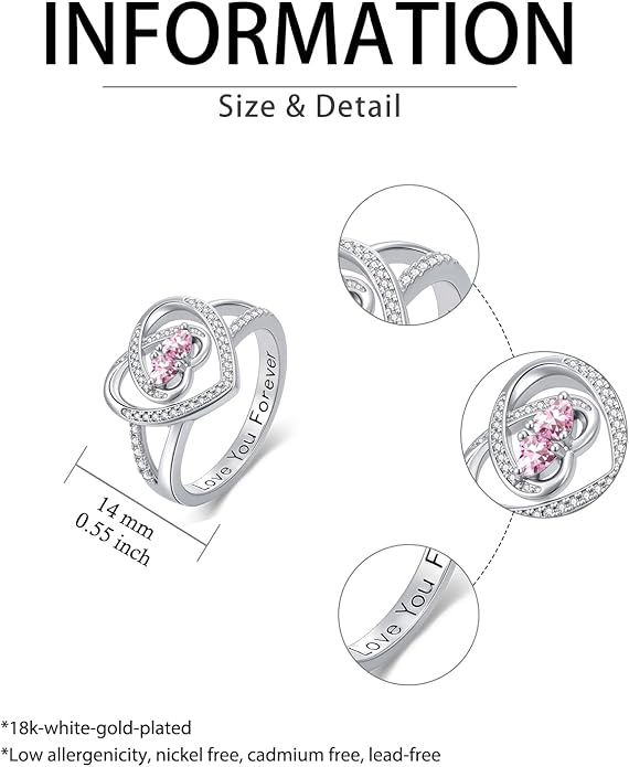 Valentine's Day Gifts for Women Birthstone Rings for Women Heart Statemet Engagement Eternity Wedding Promise Rings Jewelry Anniversary Christmas Valentine Mothers Day Birthday Gifts for Wife Her Girlfriend