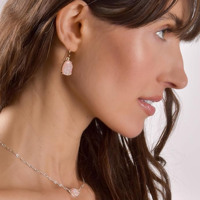 Teardrop Dangle Earrings for Women with Simulated Druzy Stones in Gold or Silver Tone
