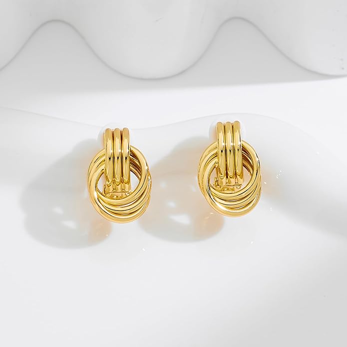 Clip on Earrings for Women 14K Gold Plated Geometric Knot Non Pierced Ear Clips Lightweight Trendy Hypoallergenic No Piercing Jewelry Gifts