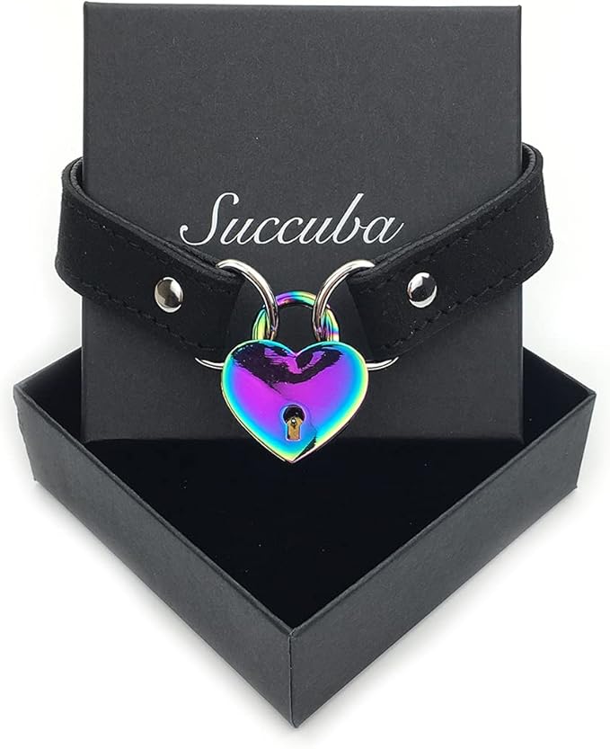 Succuba Padlock Choker Collar Necklace with Lock and Key Heart Lock Choker for Women and Men (B, 14)