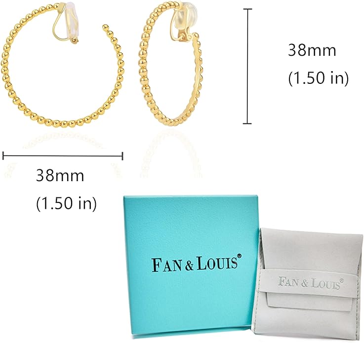 FAN&LOUIS 24K Gold Plated Hoop Clip On Earrings for Women, Gold Beaded Hoop Trendy Hypoallergenic Non Pierced Earrings Painless Lightweight 38mm Clip-On Earrings