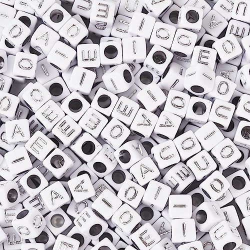 FASHEWELRY 500 Pcs Acrylic Cube Vowel Letter Beads, 6mm Silver Square Initial Alphabet Beads for Friendship Bracelet & Jewelry Making - color: 00-A/E/I/O/U-Silver, size: 6x6x6mm