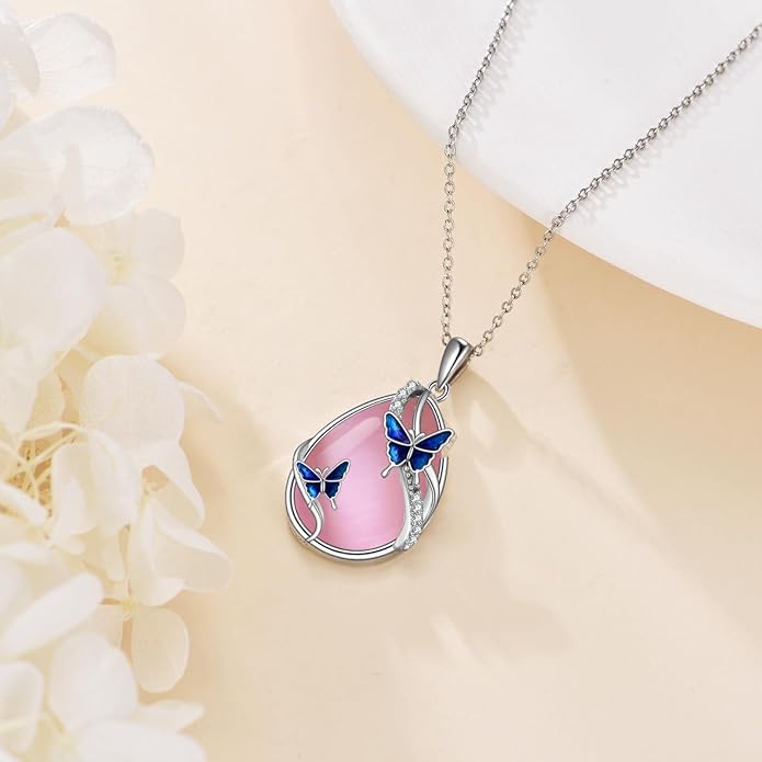 KQF Dragonfly/Butterlfy/Cat/Jellyfish/Bunny/Axolotl/Bee/Mermaid/Hummingbird/Elephant Necklace for Women Sterling Silver Moonstone Pendant Necklace Dragonfly Jewelry Gifts for Women