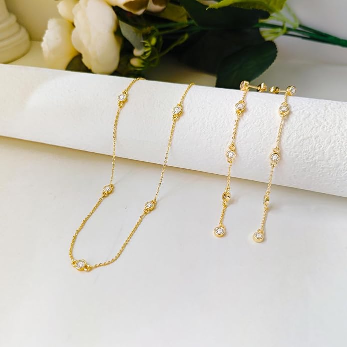 Tennis Necklace Bracelet for Women, Dainty Sterling Sliver Choker Necklace Crystal Link Bracelet Stud Earrings for Women Wedding Jewelry for Bride Jewelry Set Accessories